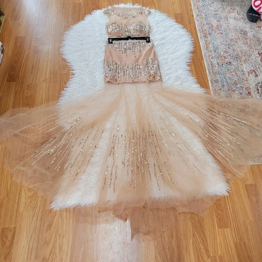 Rhinestone Tulle Prom 2 Piece Dress 0